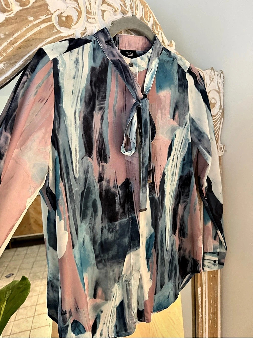 Abstract Print Tie Neck Shirt in Blue & Pink Like New - Picture 2 of 8
